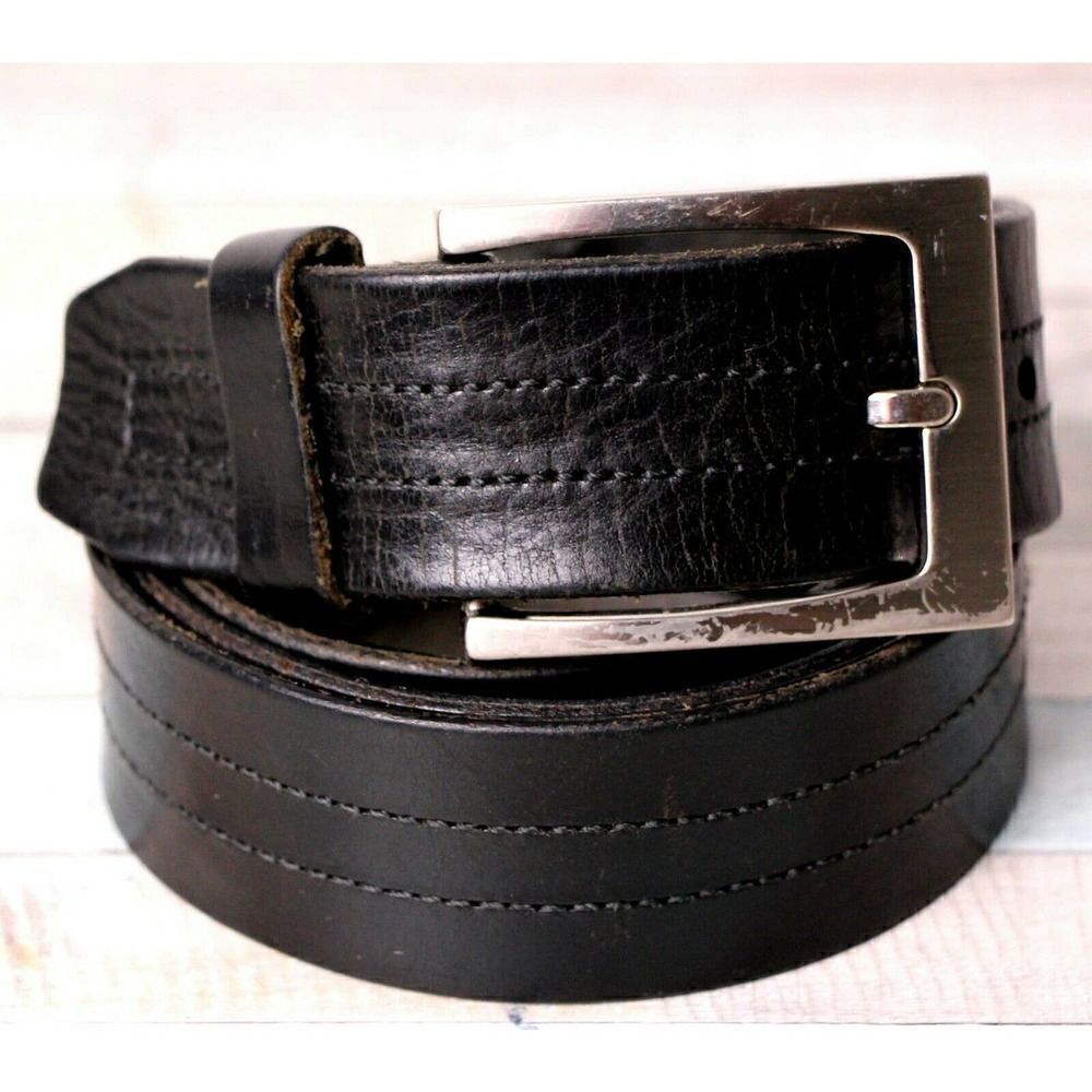 GUATEMALA BLACK GENUINE LEATHER 1.5"Wd STITCHED CASUAL WOMEN'S BELT Sz L (G91 - Picture 2 of 9